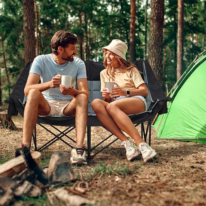 Oversized Camping Chair, Double Folding Loveseat Camping Couch with Pocket, Cup Holder and Carry Bag, Heavy Duty Portable Camping Chairs for Adults, Fishing, Sports, Trip, up to 660lbs, Black