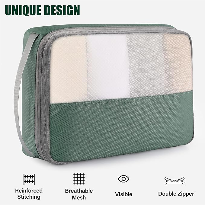 6 Set Compression Packing Cubes for Travel, Bonus Versatile Drawstring Backpack, Lightweight Luggage Organizer Bags, Sturdy Travel Accessories for Suitcase, Dark Green