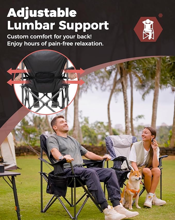 KingCamp Oversized Camping Folding Chair, Heavy Duty 450 LBS with Lumbar Support, Padded seat with Cup Holder&Cooler Bag, Ideal for Camp, Fishing, Sports Event, Backyard, Patio, Lawn