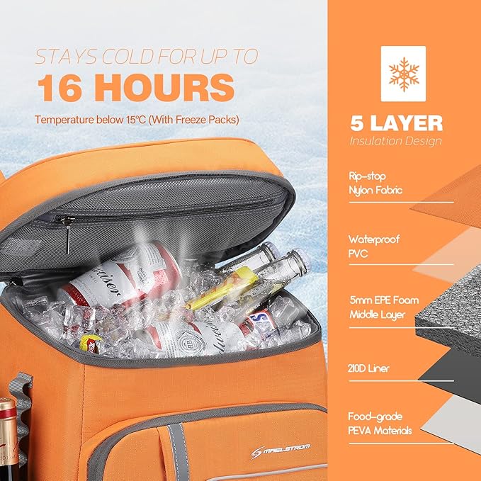 Maelstrom Cooler Backpack - 35/50 Can Insulated Soft Cooler Lunch Bag for Camping, Beach, Hiking & Shopping