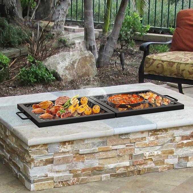 only fire Foldable X-Marks Fire Pit Cooking Grate, Portable Rectangle Campfire Grill Grate with Handles, Heavy Duty Steel Campfire BBQ Grill for Outdoor, 32 inch