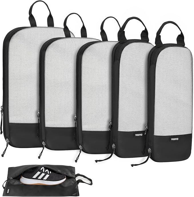 Voova 6 Set Compression Packing Cubes, Travel Accessories Expandable Packing Organizer Bags Set for Carry on Suitcase, Durable Luggage Packing Cubes for Travel Essentials, Black