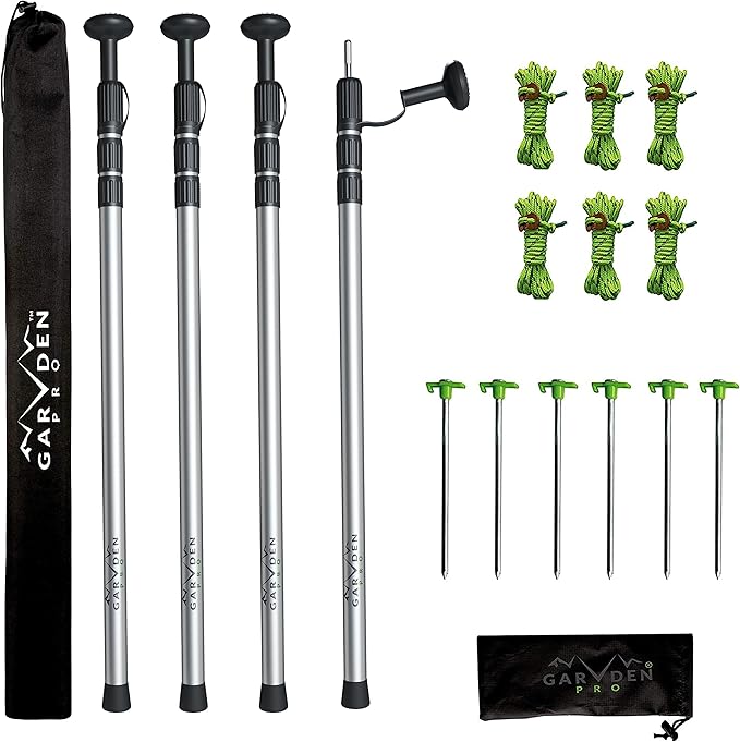 Telescoping Tarp Poles | Replacement Canopy Adjustable Aluminum Rods, Portable & Lightweight for Tent Fly, Awning, Outdoor Camping, Hiking, Backpacking & Rainfly + Pegs & Reflective Ropes