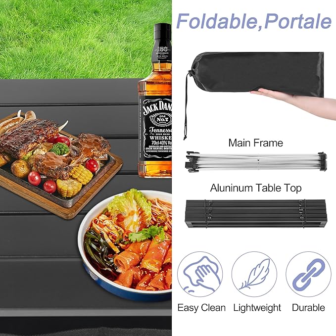 Grope Portable Camping Table Ultralight Aluminum Camp Table with Storage Bag,Beach Table for Sand with Carrying Bag,Prefect for Outdoor,Picnic,BBQ,Cooking,Festival (Black with Storage Bag-S)