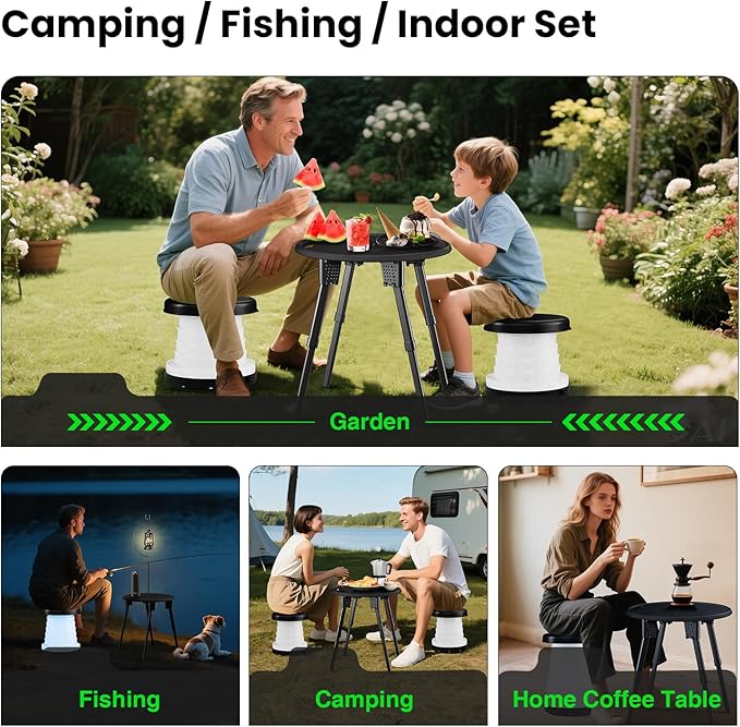 LED Camping Table Set with Stools, 300lbs Capacity Adjustable Height Folding Table & Chairs, All-in-One Compact Design for Outdoor, Camping, Picnic, Tailgating