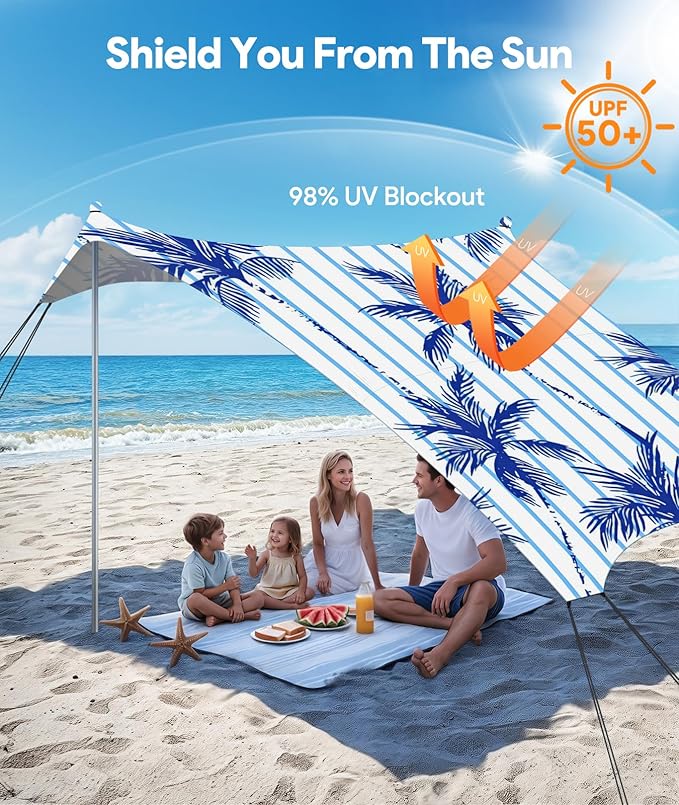 Beach Tent Sun Shelter, 10 x 10 FT Beach Canopy Tent Sun Shade, UPF50+ Tents Canopy with 8 Sandbags & 4 Stability Poles, Outdoor Tents for Camping Fishing, Coconut Tree