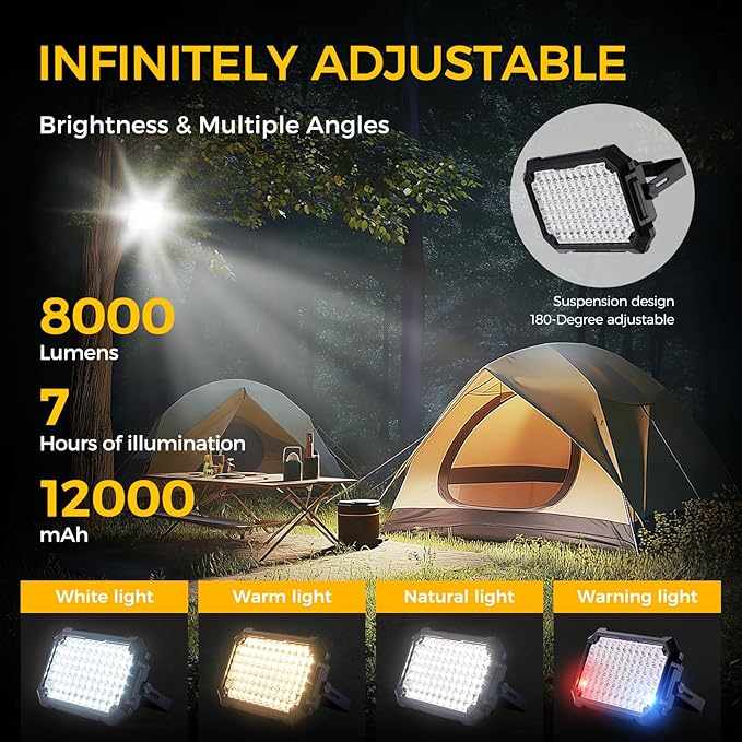 300W LED Solar Work Light Rechargeable, 8000LM LED Solar Camping Lantern, Portable Camping Lights, 4 Light Modes, IP67 Waterproof Tent Lights for Power Outages, Emergency, Hiking, Car Repair
