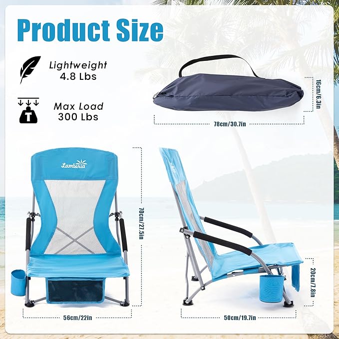 Lamberia Folding Beach Chair for Adults, Portable Low Beach Chairs with 300lbs Capacity, Lightweight Fodable Camping Chair for Travel, Picnic, Concert & Outdoor Activities, Blue