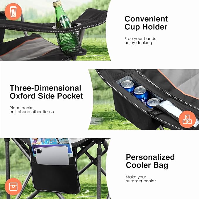 HIGH POINT SPORTS Oversized Portable Camping Folding Chair, Heavy Duty Foldable Outdoor Chair, Camp Chair with Cup Holder and Cooler Bag Support 450 LBS, Black…