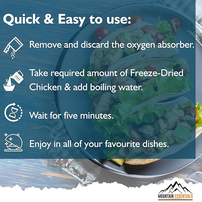 MOUNTAIN ESSENTIALS Freeze-Dried Diced Chicken – Fully Cooked and Ready to Eat | Everyday Pantry Staple for Meal Prep, Camping & Emergency Survival | Premium Quality Meat | 10 Servings per Pouch | Made in USA | 7-Year Shelf Life | Pack of 1