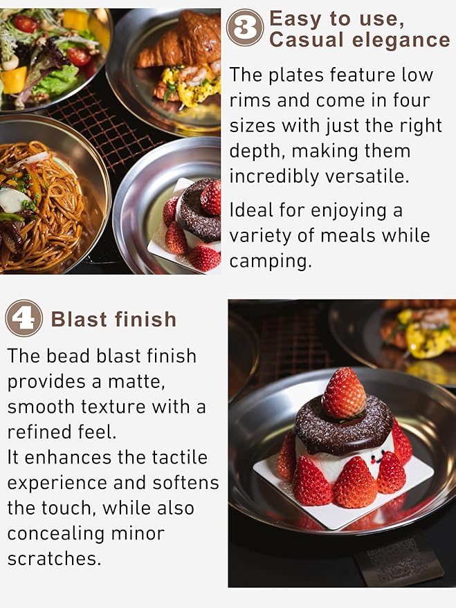 CAMPINGMOON Camping Plates 4pcs set Salad Side Dinner Plate Dishes Outdoor Tableware Stainless Steel with Canvas Case S397-1S