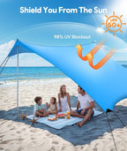 Beach Tent Sun Shelter, 10 x 10 FT Beach Canopy Tent Sun Shade, UPF50+ Tents Canopy with 8 Sandbags & 4 Stability Poles, Outdoor Tents for Camping Fishing, Sky Blue