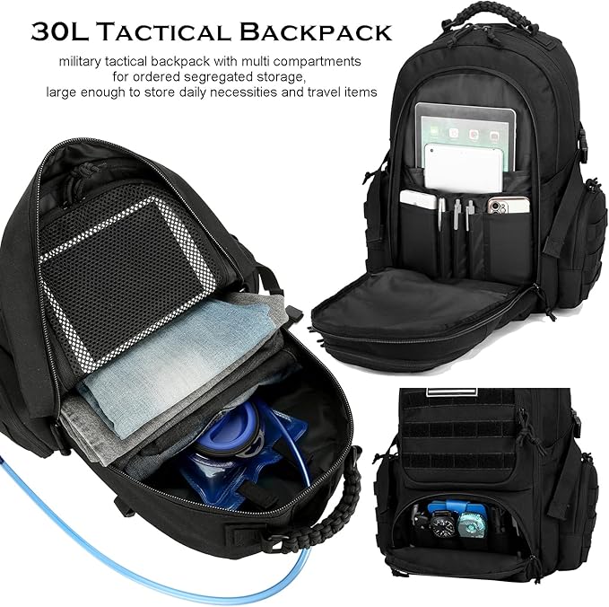 30L Military Tactical Backpack for Men 3 day Assault Pack Molle Daypack Army Hiking Rucksack (Black)