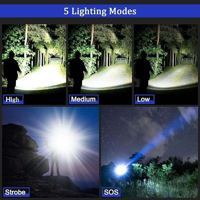 Rechargeable LED Flashlight 10000 Lumen, Super Bright Flashlight with Digital Power Display and Zoomble, Flashlights High Lumens Rechargeable for Camping, Outdoor