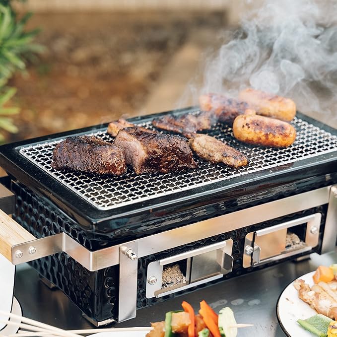 Onlyfire Charcoal BBQ Grill Hibachi Grill with Grid Lifter, Portable Yakitori Grill with Stainless Steel Grate, Barbecue Stove for Outdoor Camping Picnic Patio Backyard Cooking, GS306
