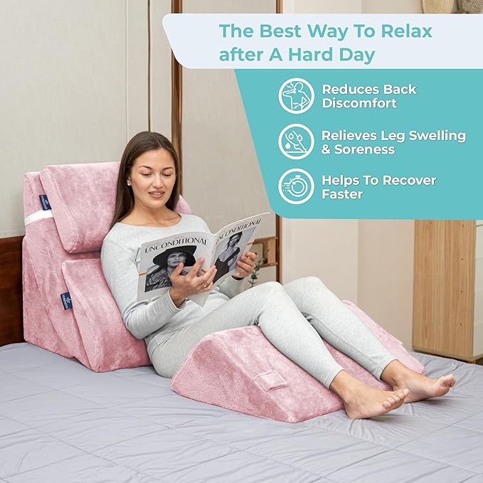 6pc Adjustable Orthopedic Wedge Pillow Set – Relieve Acid Reflux, Snoring, Back Pain & Post-Surgery Discomfort (Pink)