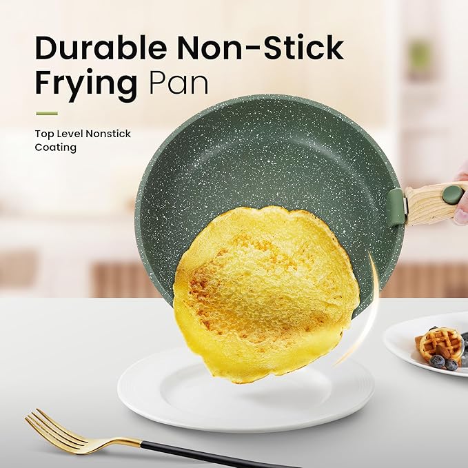 Kitchen Academy Removable Handle Pots and Pans Set - 10 Pieces Green Cookware Set with Removable Handle, RV Induction Cookware Set for Camp