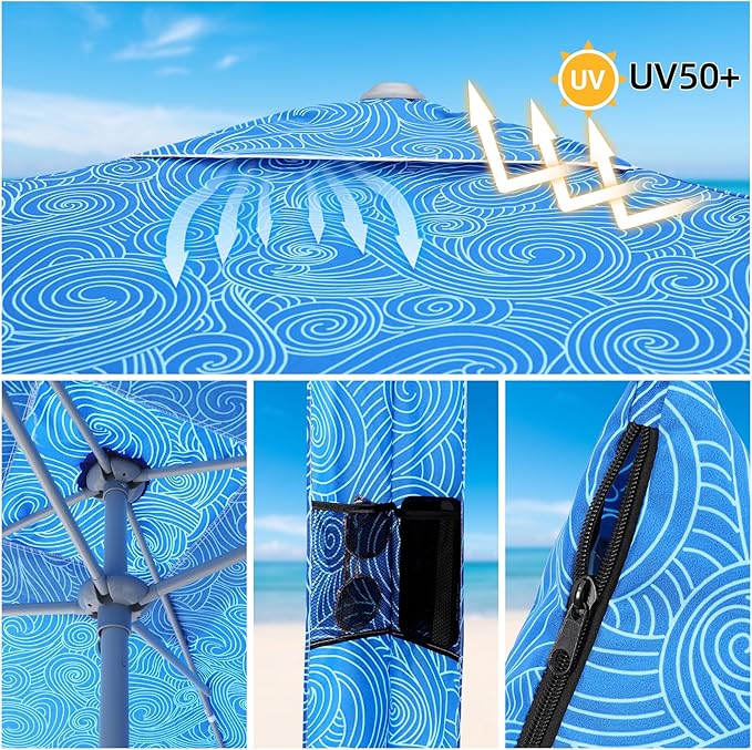 Beach Cabana, 6.2'×6.2' Beach Canopy with Side Wall, UPF 50+ UV Protection Easy Setup Tent Sun Shelter with Sand Pockets for Whole Family(Surging Waves)