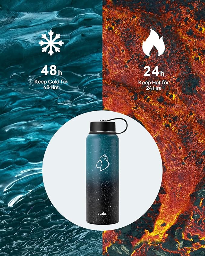 BUZIO 40oz Insulated Water Bottle with Straw, Stainless Steel Double Wall Sports Wide Mouth Water Bottle, BPA-Free Flex Cap and Straw Lid, Keep Cold for 48 Hrs, Hot for 24 Hrs, Starry Indigo