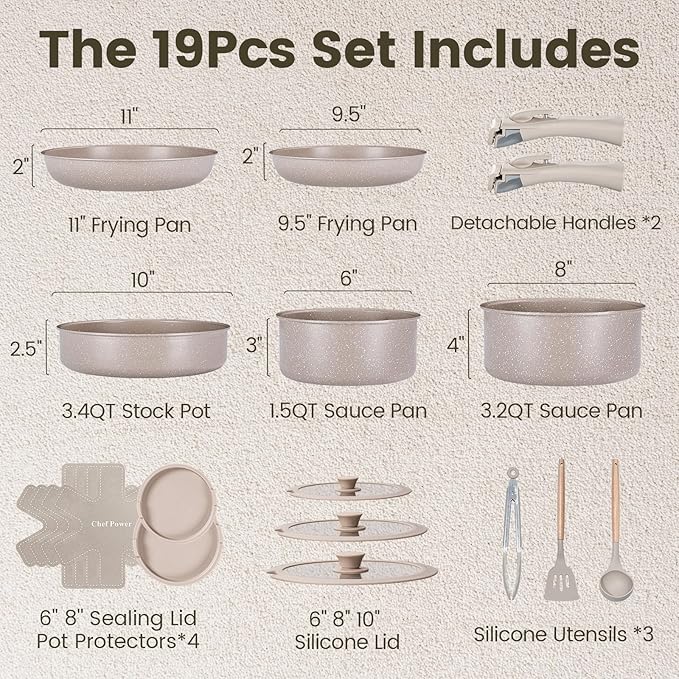 Chef Power Ceramic Nonstick Pots and Pans Set 19 Piece with Detachable Handle, Induction Dishwasher Oven Safe Cookware Set, RV Kitchen Set Removable Handle, Mocca Taupe