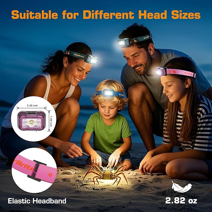 EverBrite Rechargeable Headlamp, 2 Pack Kids Headlamp with White/Red/Green Light and Memory Function, Head Lamp for Adult and Kid with 5 Modes, 120° Adjustable LED Headlamp for Camping, Running-Pink