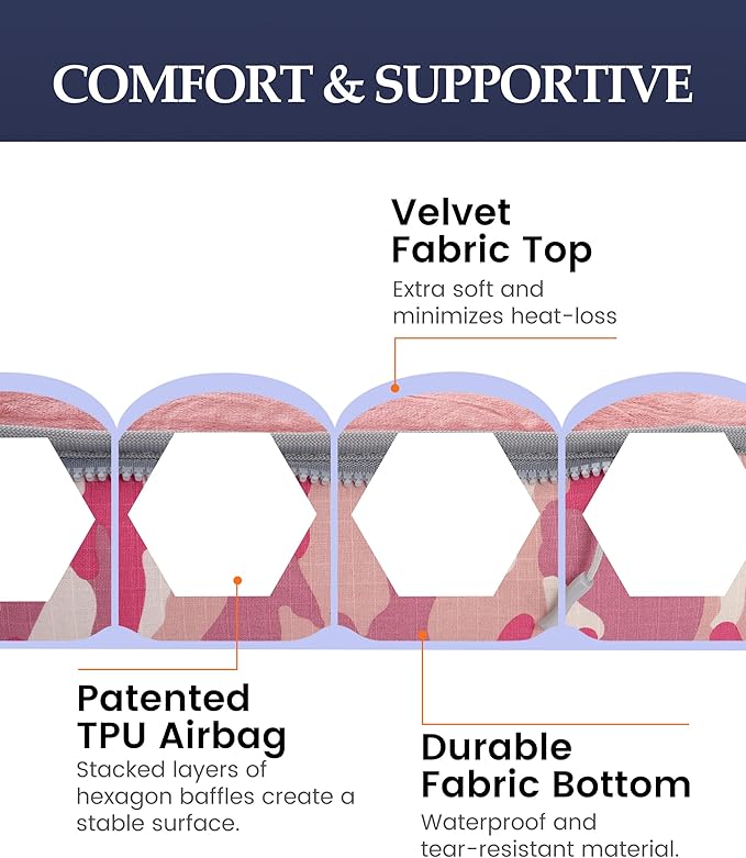 Inflatable Sleeping Pad for Camping, Extra-Thick 4.75" Single Air Mattress with Soft Velvet Top, Machine Washable, Family Lightweight 4-Season Pad for Traveling & Hiking, Pink