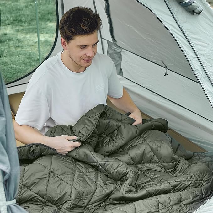 Camping Blanket - Packable, Ultra Warm and Lightweight with Snap Button Backpacking Quilt, for Sleeping, Outdoors, Travel, and Indoor Use - Olive Green