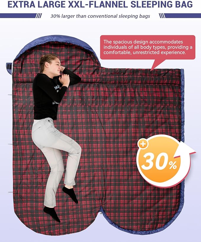 KingCamp Sleeping Bag for Adults, Cold Weather & Warm Extra Wide Big & Tall XL Portable Waterproof Flannel Sleeping Bags, Essentials Gear Accessories for Camping Backpacking Hiking Indoor & Outdoor