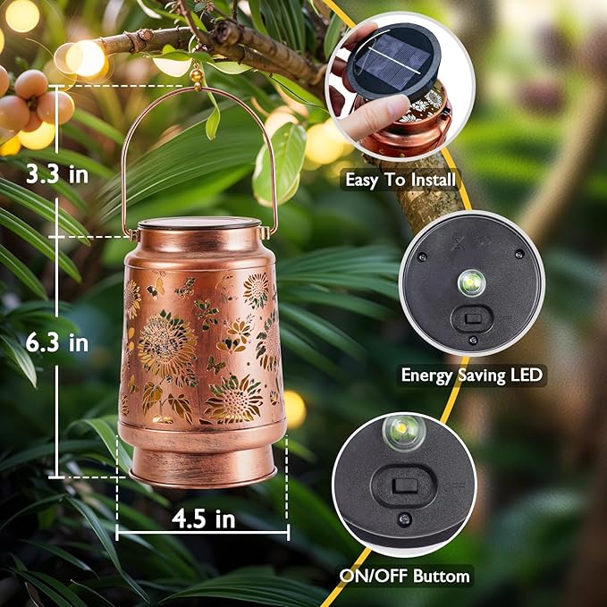 Homemory Solar Lanterns Sunflower Lights Outdoor Waterproof Garden Decor Women Gifts for Birthday, LED Hanging Solar Lights Metal Lantern Decoration Outside for Yard, Patio, Backyard, Porch, Lawn