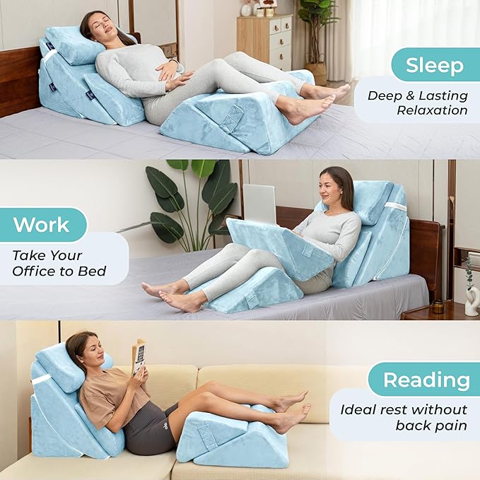 6pc Adjustable Orthopedic Wedge Pillow Set – Relieve Acid Reflux, Snoring, Back Pain & Post-Surgery Discomfort (Light Blue)
