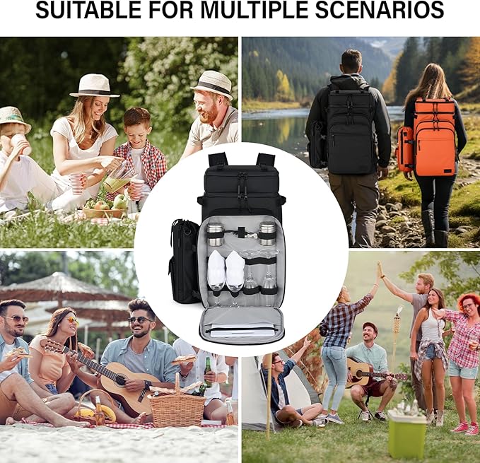 Backpack Cooler, 40 Cans Soft Leak Proof Picnic Backpack, Hanke Portable 2 Insulated Compartments Cooler Backpack Water Resistant for Lunch Beach Travel Camping Picnic Hiking (Black)
