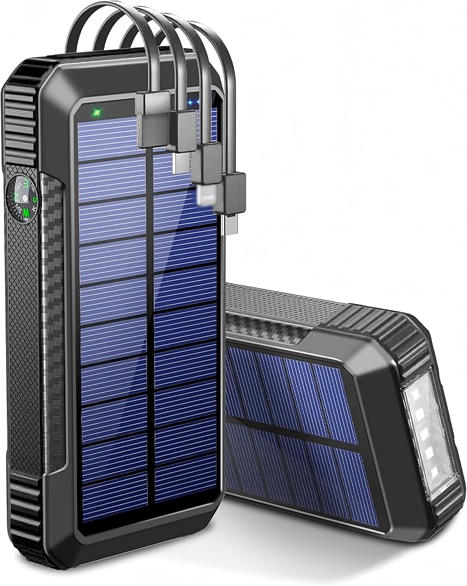 DJKK Solar Power Bank Wireless Charger 52800mAh Built in 4 Cables and LED Camping Lights 22.5W Fast Charging Power Bank 7 Outputs 4 Inputs Portable Charger Compatible with All Mobile Devices (Black)