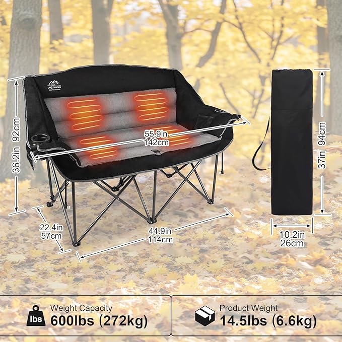 Heated Double Camping Chairs,3 Heat Levels Padded Portable Loveseat w/Wine Glass Holder,Cup Holder,Heating Outdoor Camp Couch Support 600 Lbs,Black,Battery NOT Included