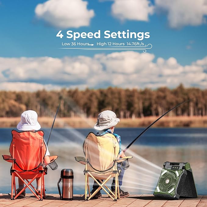 KITWLEMEN Upgraded Solar Camping Fan with Lantern - Rechargeable Battery Operated Fan, 36H Run Time Max, 4 Speeds, 8H Timer, 90° Adjustable Portable Desk Fan for Hurricane, Power Outage, Outdoor Use