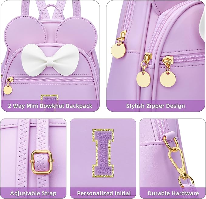 KKXIU Girls Initial Bowknot Cute Mini Backpack for Toddler, Travel Small Girl Backpacks, Personalized Birthday Gifts for Little Girls and Kids(I, Purple)