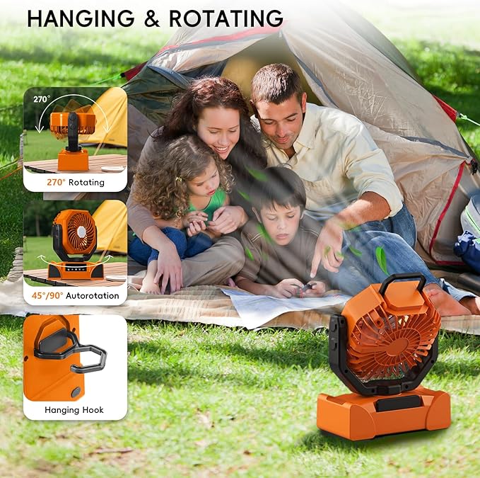 20000mAh Solar Camping Fan, Portable Rechargeable Battery & Solar Powered Fan with 7W Solar Panel, Remote Control, Auto Oscillating, LED Display, Light, Timer for Outdoor Camp, Beach, Travel Tent