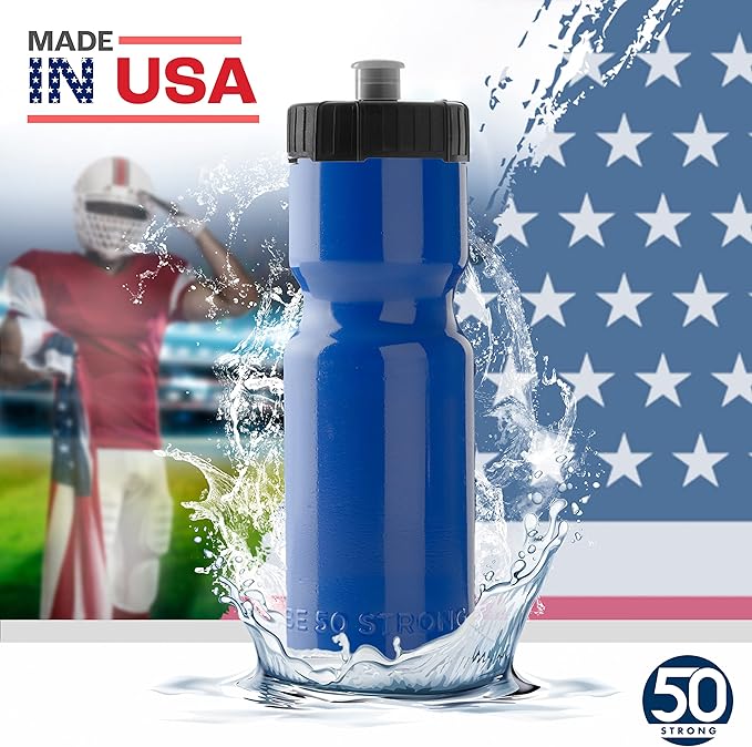 50 Strong Sports Water Bottles – Reusable 22 oz BPA-Free Plastic Bottles with Pull Top Cap – Made in USA – Top Rack Dishwasher Safe – Fits Most Bike Cages Brand