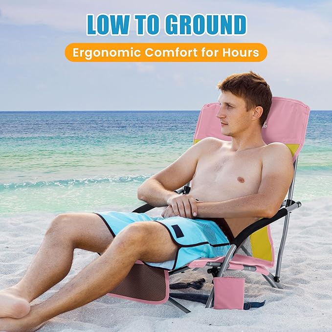 Lamberia Folding Beach Chair for Adults 2 Pack, Portable Low Beach Chairs with 300lbs Capacity, Lightweight Fodable Camping Chair for Travel, Picnic, Concert & Outdoor Activities,Pink-Yellow