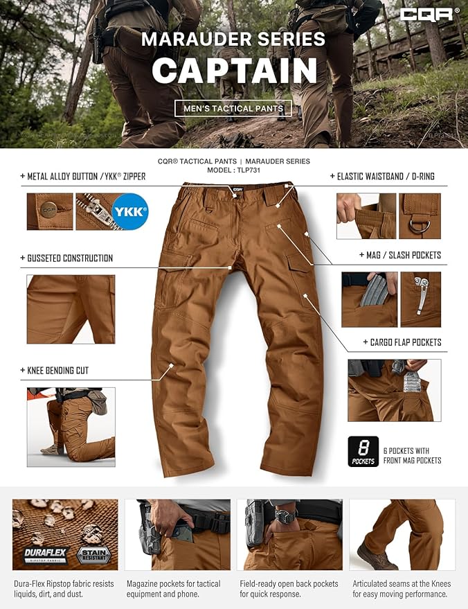 CQR Men's Flex Ripstop Tactical Pants, Water Resistant Stretch Cargo Pants, Lightweight EDC Hiking Work Pants