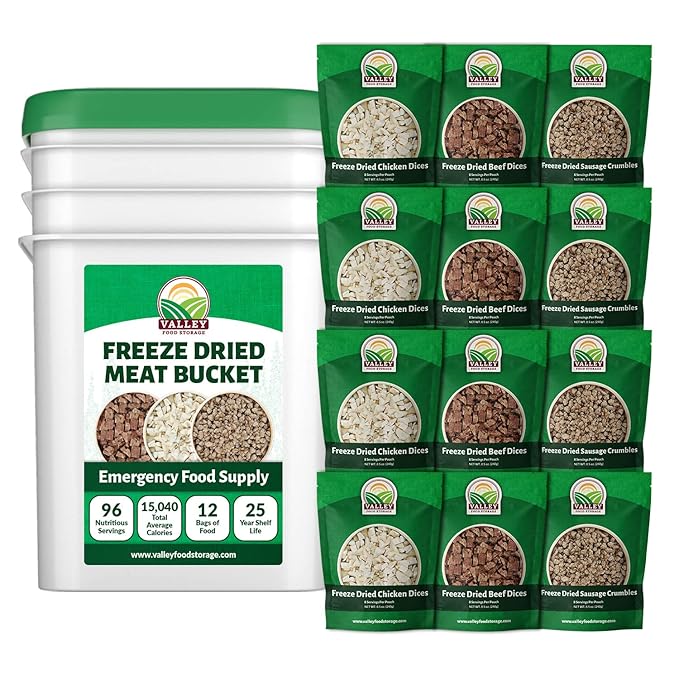 92 Serving Freeze Dried Meat Bucket | Premium Emergency Food Supply Contains 1,352g Protein | Survival Food 25 Year Shelf Life | Backpacking Meals, Prepper Supplies | Valley Food Storage