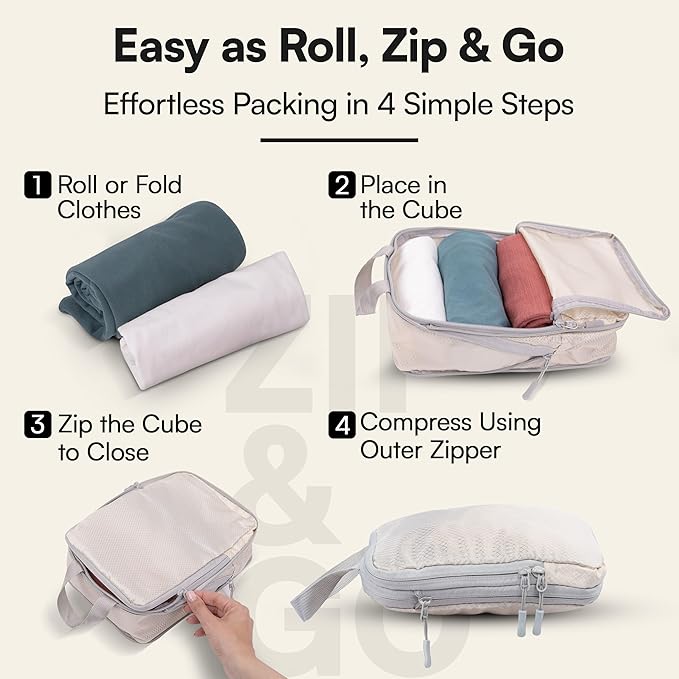 AMHARBOR Set of 6 Compression Packing Cubes for Travel - Space-Saving Luggage Organizers - Vacation Travel Essentials - Lightweight Accessories for Suitcase