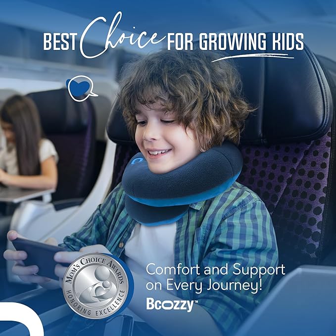 BCOZZY Kids Travel Neck Pillow (8-12 Y/O) – Patented Soft Child Pillow for Head & Chin Support in Car, Airplane, and Road Trip Sleeping. Adjustable Size. Carry Bag. Fully Washable. Medium, Gray