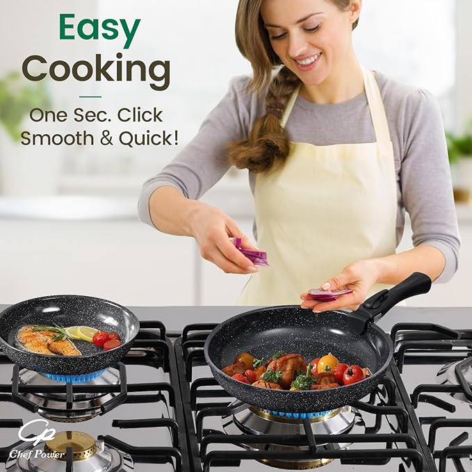 Chef Power Ceramic Nonstick Cookware Set 19 Piece with Detachable Handle, Induction Dishwasher Oven Safe Pans and Pots Set, RV Kitchen Set Removable Handle, Rock Stone Black