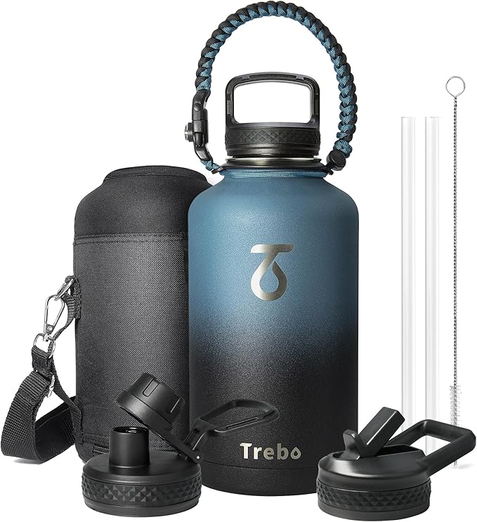 Trebo Water Bottle 64oz with Paracord Handle, Half Gallon Large Vacuum Double Wall Stainless Steel Insulated Water Jug with Holder Strap Straw Spout Lids, Leakproof Keep Cold & Hot, Indigo/Black