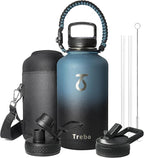 Trebo Water Bottle 64oz with Paracord Handle, Half Gallon Large Vacuum Double Wall Stainless Steel Insulated Water Jug with Holder Strap Straw Spout Lids, Leakproof Keep Cold & Hot, Indigo/Black