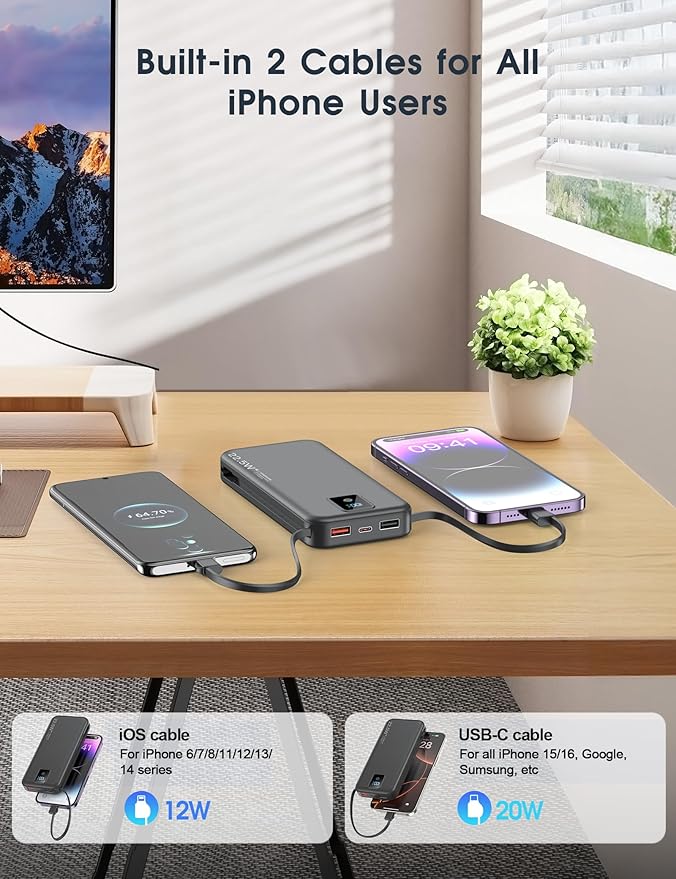 Portable Power Bank, 12000mAh 22.5W Fast Charging Phone Charger with Built-in Cables & Wall Plug, Travel Essential Battery Pack with LED Display, USB C Battery Charging Bank for iPhone, Samsung Black