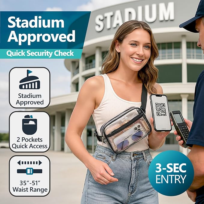 Veckle Clear Fanny Pack Stadium Approved - Plus Size 35-51 Inch Adjustable Strap Transparent Belt Bag for Women Men Fits 7.5" Smartphone, Crossbody Clear Bag for Stadium Events Sports Concerts, Black