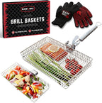 BLAZIN' GRILL Baskets for Outdoor Grill | 2 Grilling Baskets with Detachable Handle | Barbecue Grill Set with BBQ Gloves | Portable Camping Net Rack Perfect for Vegetables, Seafood & Meat