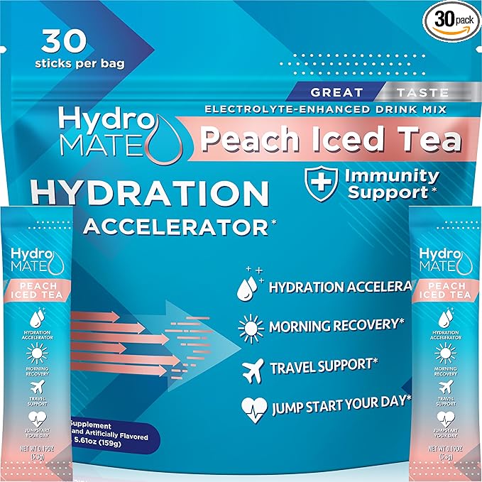 HydroMATE Electrolyte Powder Peach Tea Hydration Packets Low Sugar 30 Count