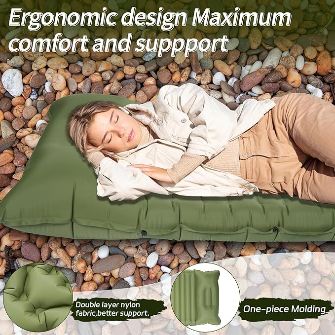 40D Self-Inflating Camping Pad, Insulated Ultralight Sleeping Mat for Backpacking, Winter Camping, 2-Layer Anti-Leak Design w/Built-in Pillow, Foot Pump Foldable Pad, Army Green